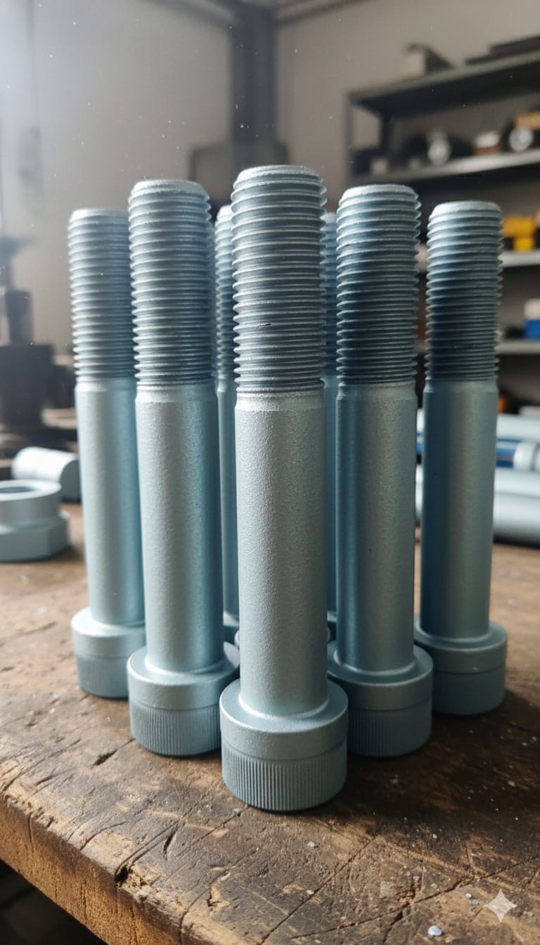 Close-up of several zinc-coated fasteners stacked on a wooden surface, showcasing their threads and protective coating.